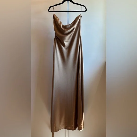 NEW Reformation Nevaeh Satin Midi Dress Sz XL Chanterelle Brown Cutout - Picture 2 of 9